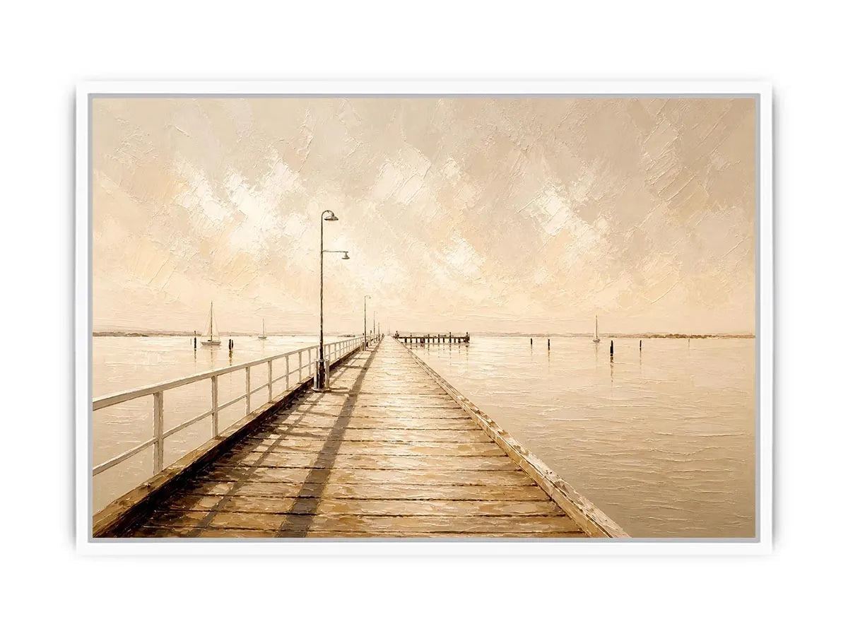 Neutral coastal pier wall art featuring a minimalist boardwalk over calm ivory waters with textured impressionist brushwork in soft beige tones.