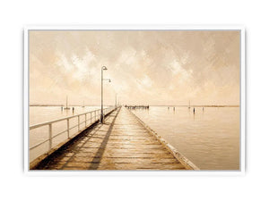 Neutral coastal pier wall art featuring a minimalist boardwalk over calm ivory waters with textured impressionist brushwork in soft beige tones.