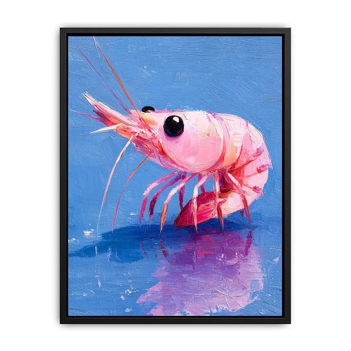 Pink shrimp wall art featuring bold contemporary ocean colors with textured impressionist brushwork in vibrant blue and coral tones.