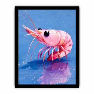 Pink shrimp wall art featuring bold contemporary ocean colors with textured impressionist brushwork in vibrant blue and coral tones.