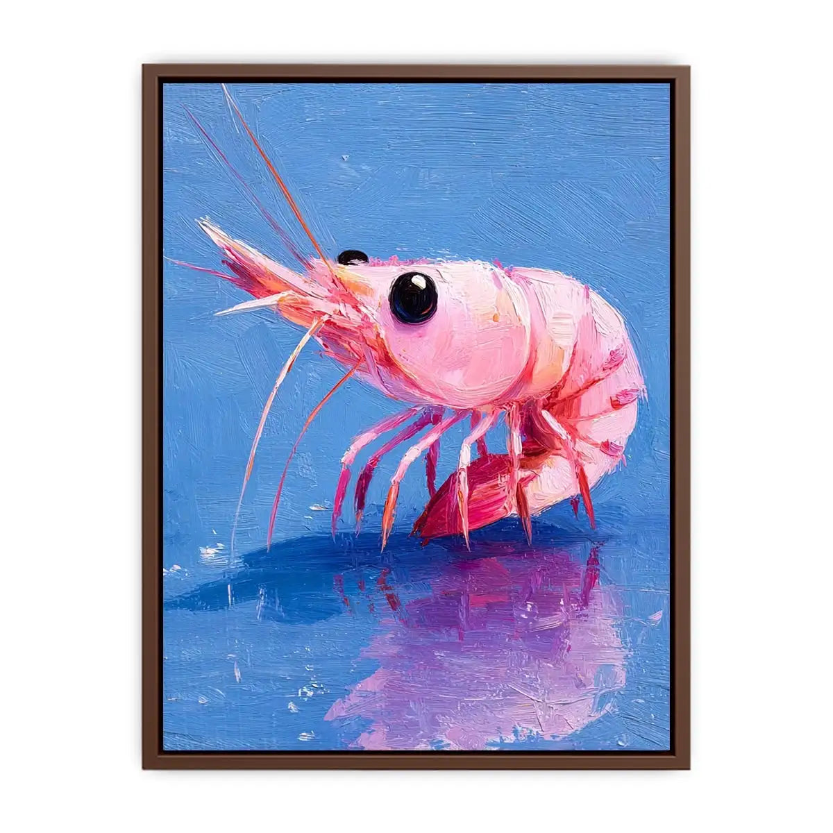 Pink shrimp wall art featuring bold contemporary ocean colors with textured impressionist brushwork in vibrant blue and coral tones.