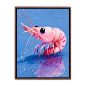 Pink shrimp wall art featuring bold contemporary ocean colors with textured impressionist brushwork in vibrant blue and coral tones.