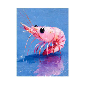 Pink shrimp wall art featuring bold contemporary ocean colors with textured impressionist brushwork in vibrant blue and coral tones.