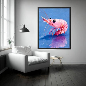 Pink shrimp wall art featuring bold contemporary ocean colors with textured impressionist brushwork in vibrant blue and coral tones.