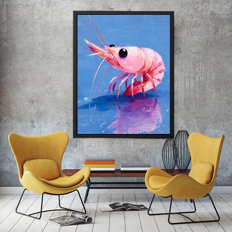 Pink shrimp wall art featuring bold contemporary ocean colors with textured impressionist brushwork in vibrant blue and coral tones.