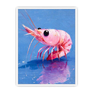 Pink shrimp wall art featuring bold contemporary ocean colors with textured impressionist brushwork in vibrant blue and coral tones.