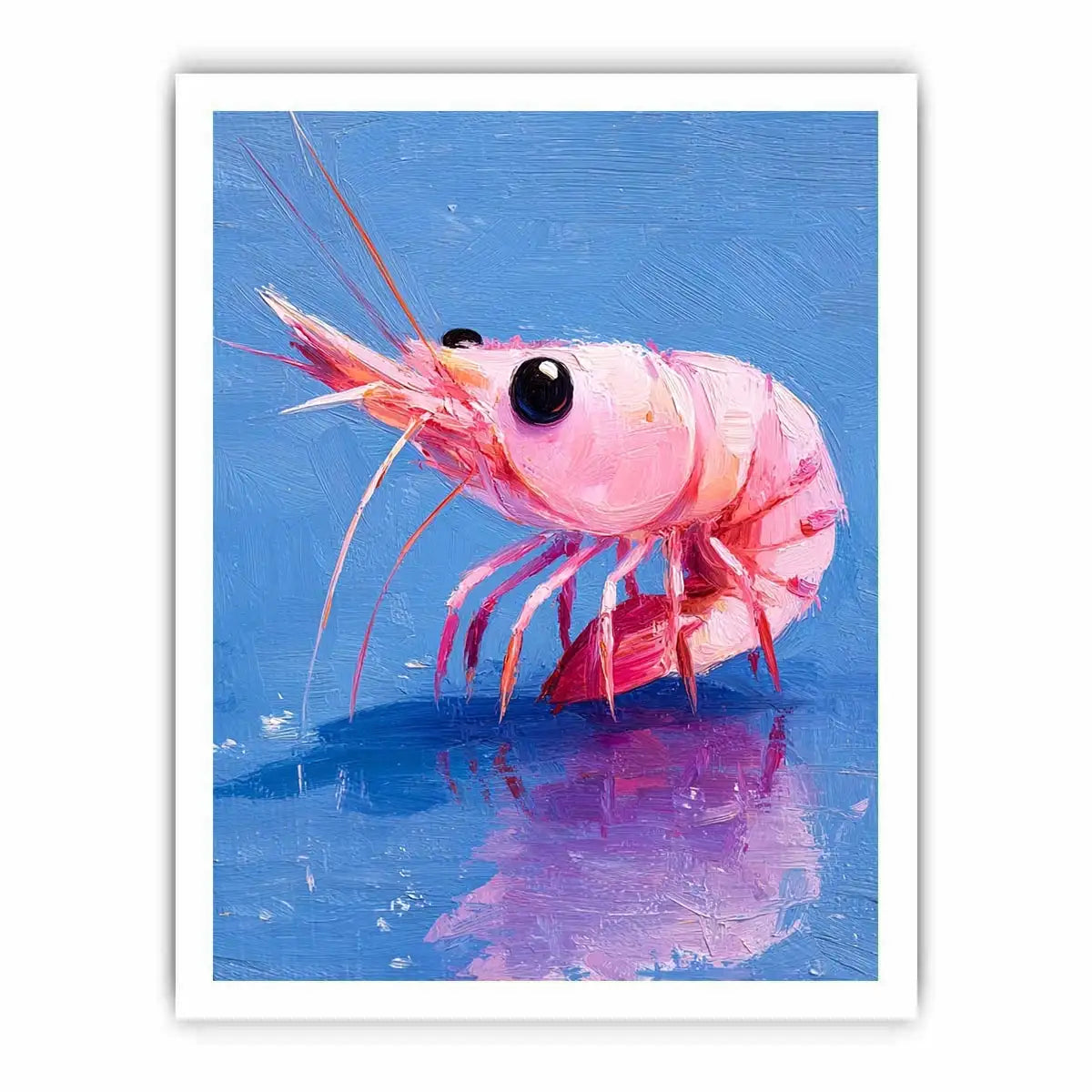 Pink shrimp wall art featuring bold contemporary ocean colors with textured impressionist brushwork in vibrant blue and coral tones.