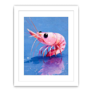 Pink shrimp wall art featuring bold contemporary ocean colors with textured impressionist brushwork in vibrant blue and coral tones.