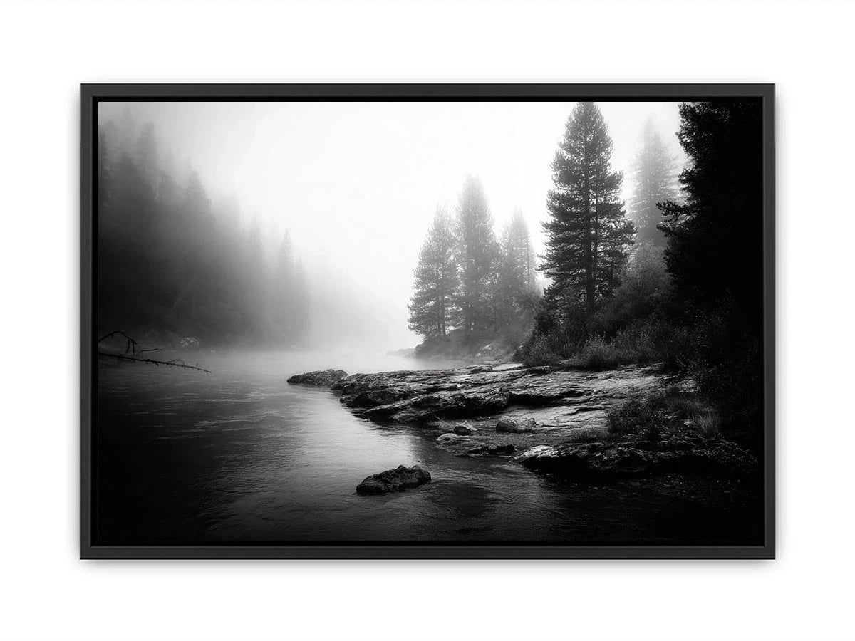 black and white misty forest lake wall art with pine trees and foggy waters minimalist nature landscape canvas print