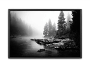 black and white misty forest lake wall art with pine trees and foggy waters minimalist nature landscape canvas print