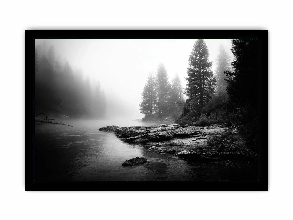 black and white misty forest lake wall art with pine trees and foggy waters minimalist nature landscape canvas print