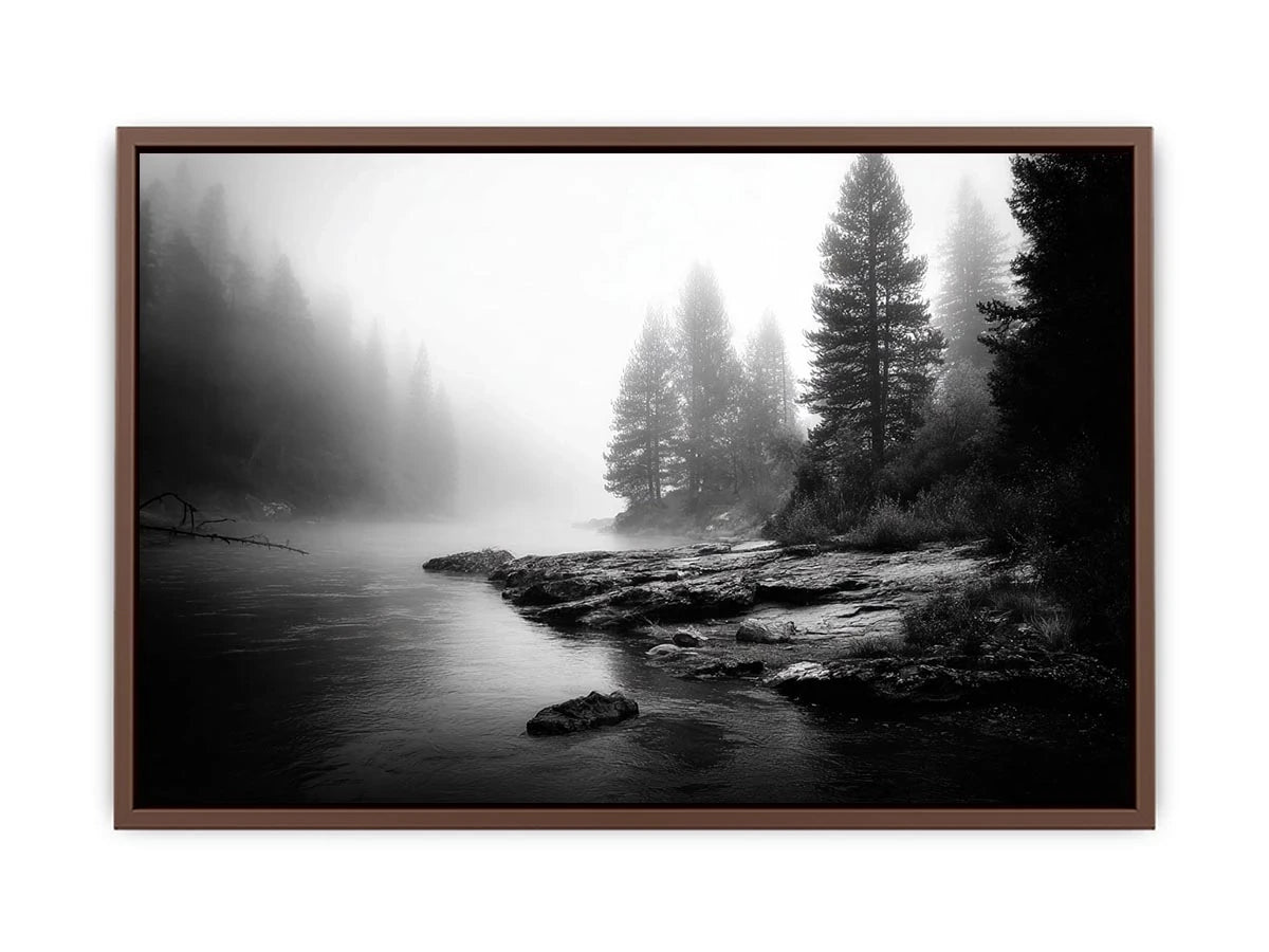 black and white misty forest lake wall art with pine trees and foggy waters minimalist nature landscape canvas print