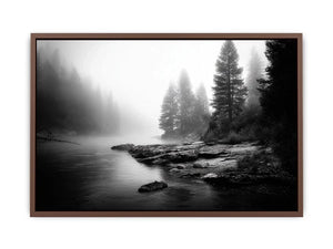 black and white misty forest lake wall art with pine trees and foggy waters minimalist nature landscape canvas print