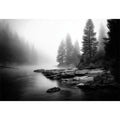 black and white misty forest lake wall art with pine trees and foggy waters minimalist nature landscape canvas print
