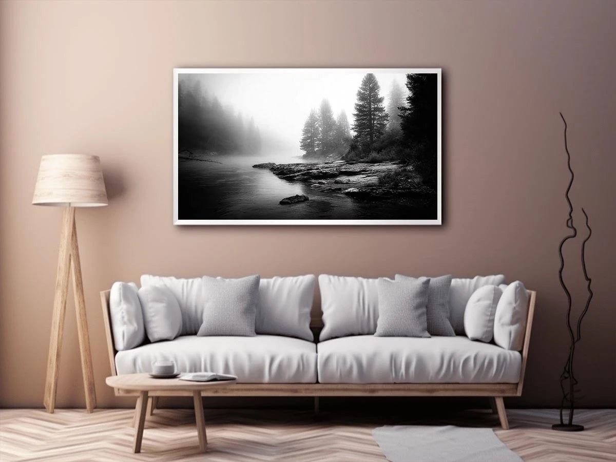 black and white misty forest lake wall art with pine trees and foggy waters minimalist nature landscape canvas print