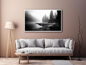 black and white misty forest lake wall art with pine trees and foggy waters minimalist nature landscape canvas print