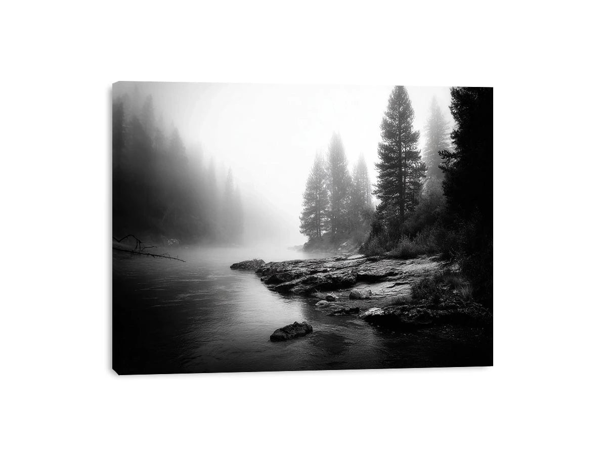 black and white misty forest lake wall art with pine trees and foggy waters minimalist nature landscape canvas print