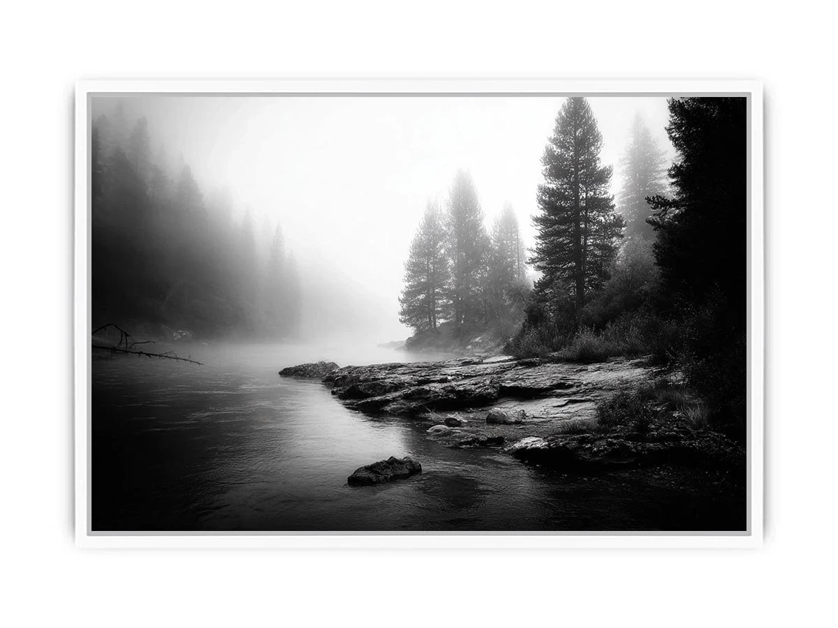 black and white misty forest lake wall art with pine trees and foggy waters minimalist nature landscape canvas print