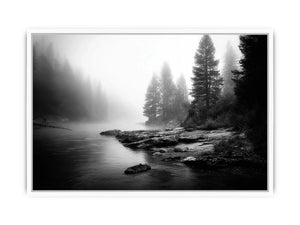 black and white misty forest lake wall art with pine trees and foggy waters minimalist nature landscape canvas print