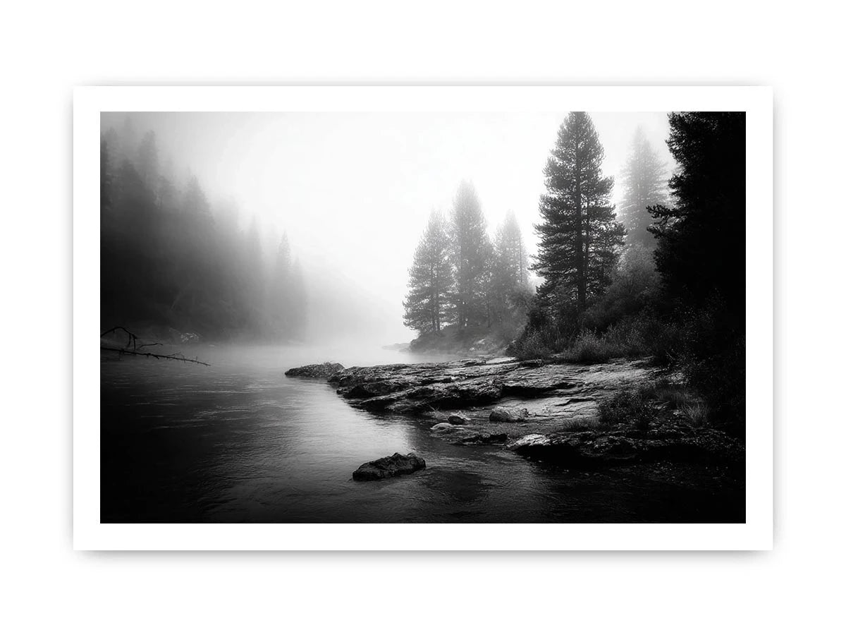 black and white misty forest lake wall art with pine trees and foggy waters minimalist nature landscape canvas print