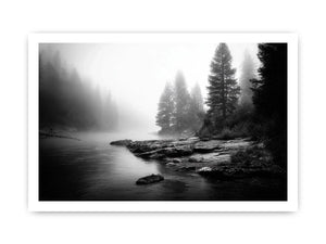 black and white misty forest lake wall art with pine trees and foggy waters minimalist nature landscape canvas print