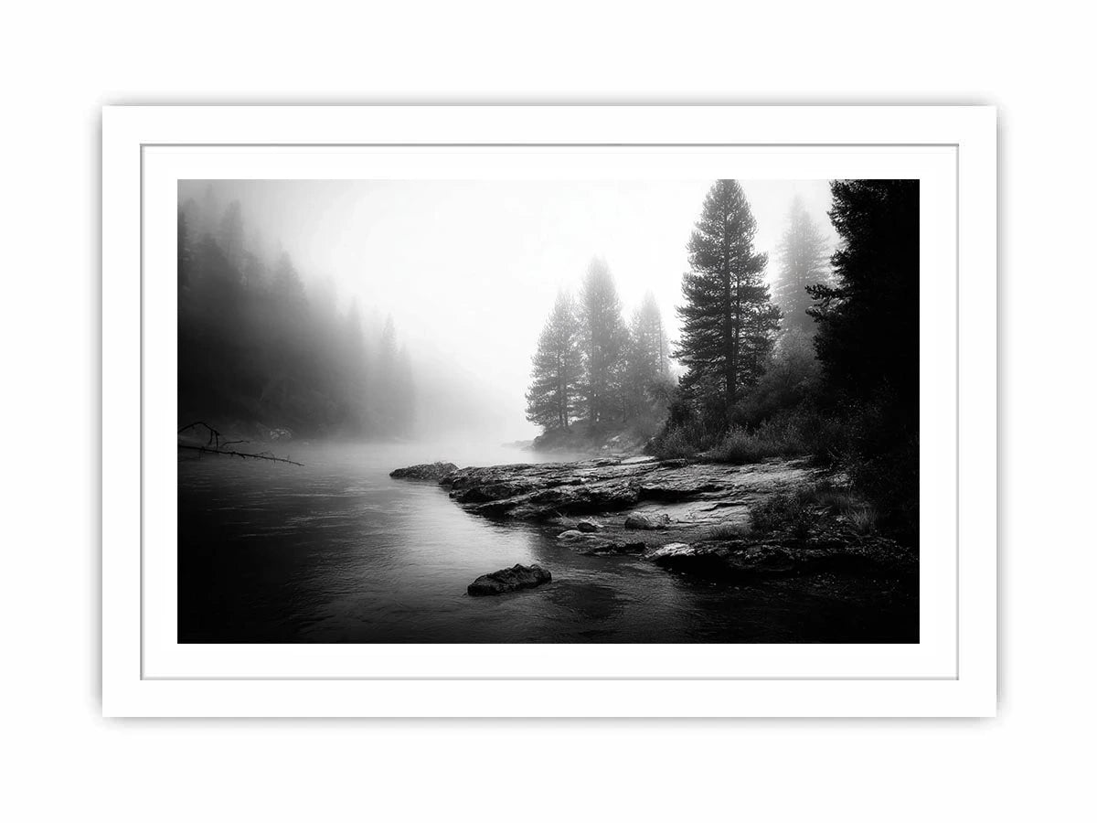 black and white misty forest lake wall art with pine trees and foggy waters minimalist nature landscape canvas print