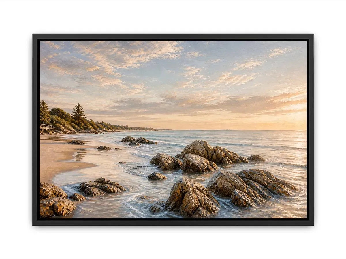 Rocky beach coastal wall art with golden sunset light, textured ocean waves, and serene shoreline landscape canvas for modern coastal interiors