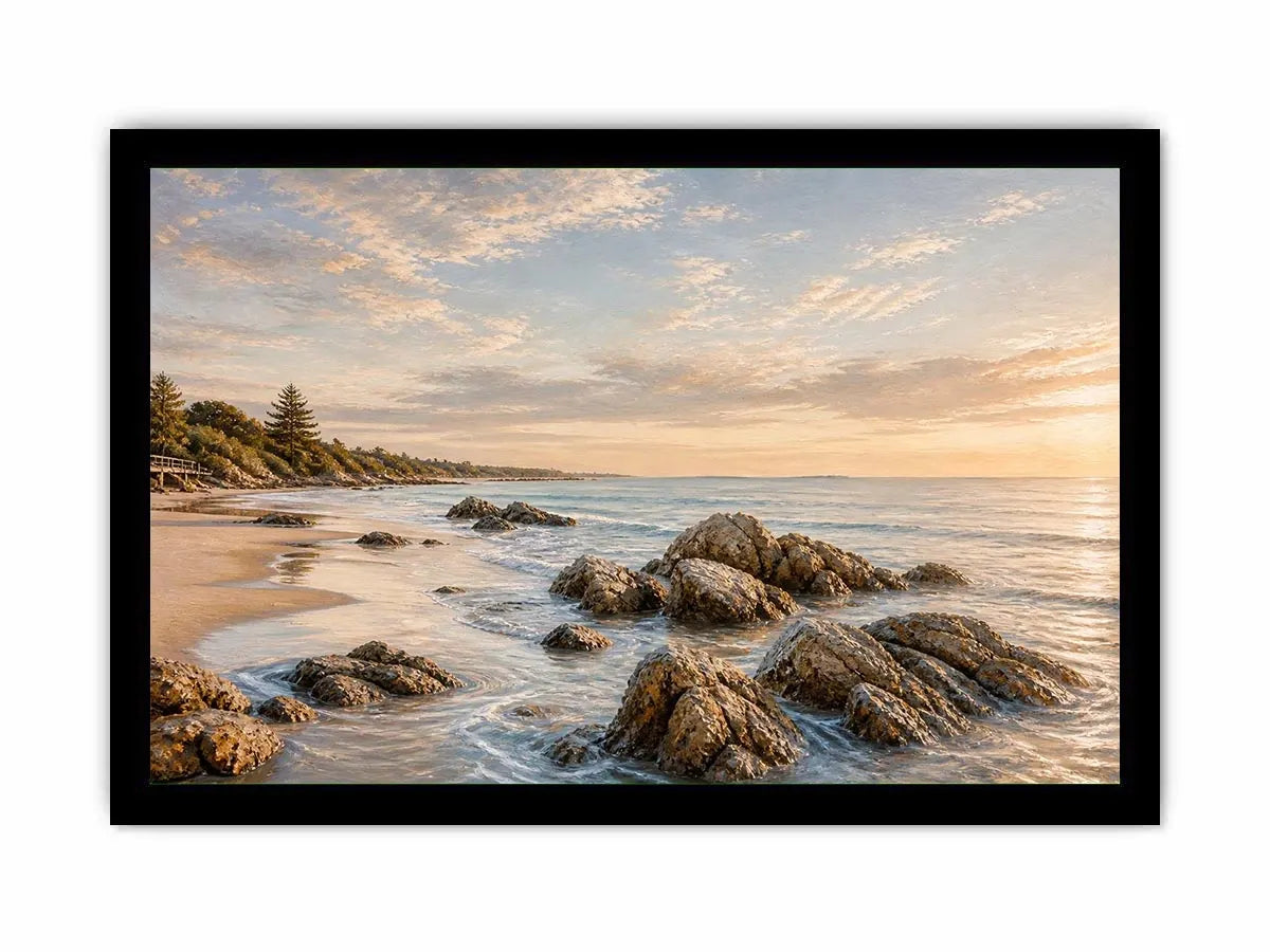 Rocky beach coastal wall art with golden sunset light, textured ocean waves, and serene shoreline landscape canvas for modern coastal interiors