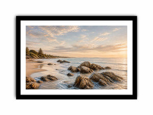 Rocky beach coastal wall art with golden sunset light, textured ocean waves, and serene shoreline landscape canvas for modern coastal interiors