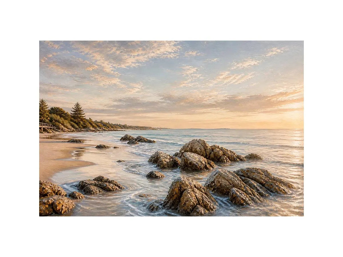 Rocky beach coastal wall art with golden sunset light, textured ocean waves, and serene shoreline landscape canvas for modern coastal interiors