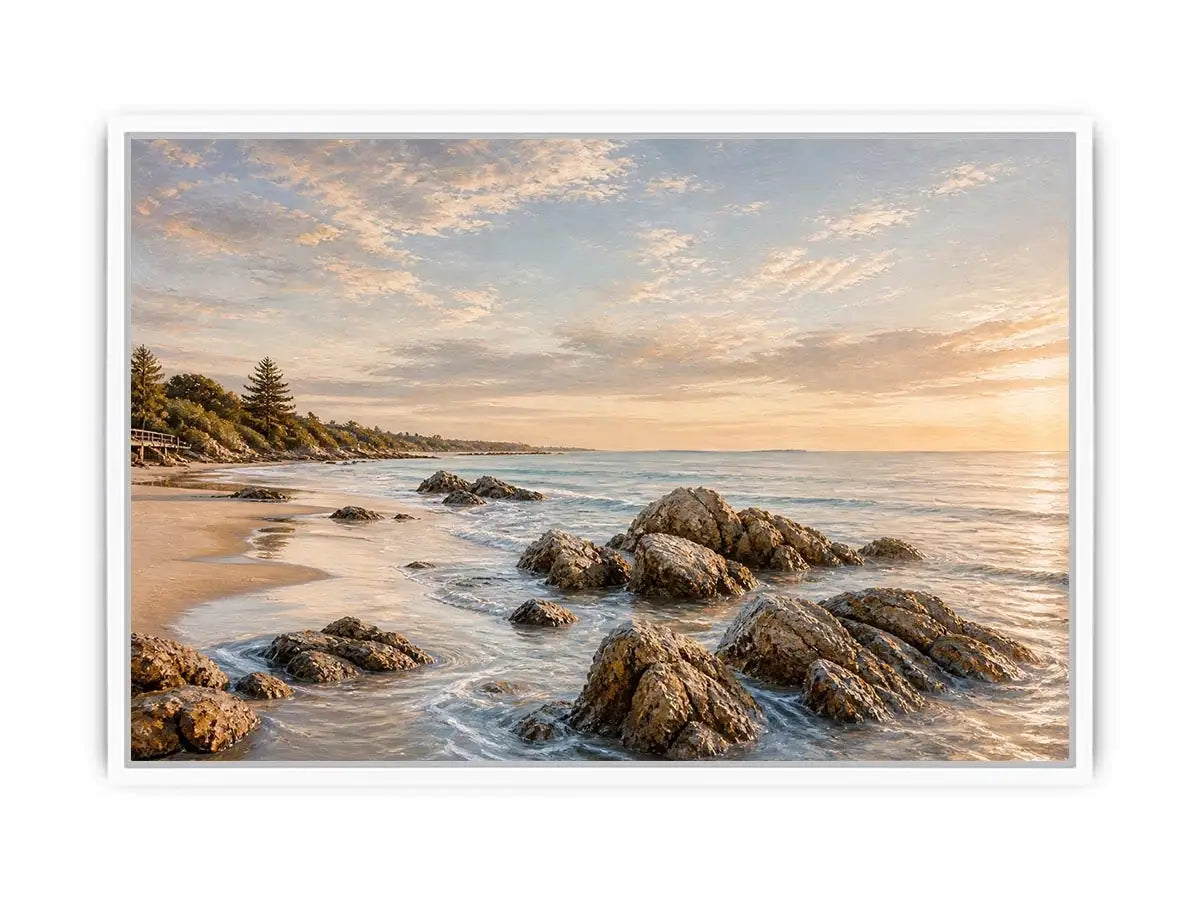 Rocky beach coastal wall art with golden sunset light, textured ocean waves, and serene shoreline landscape canvas for modern coastal interiors