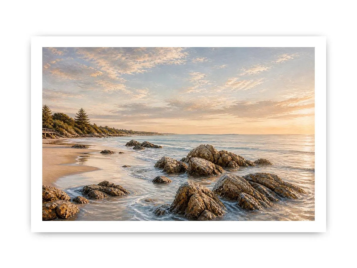 Rocky beach coastal wall art with golden sunset light, textured ocean waves, and serene shoreline landscape canvas for modern coastal interiors