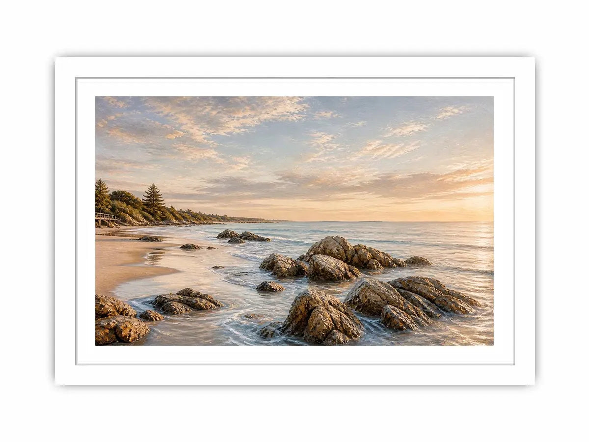 Rocky beach coastal wall art with golden sunset light, textured ocean waves, and serene shoreline landscape canvas for modern coastal interiors