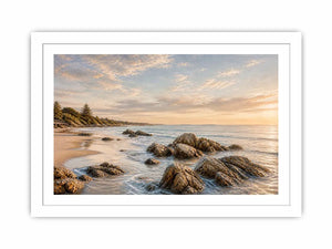 Rocky beach coastal wall art with golden sunset light, textured ocean waves, and serene shoreline landscape canvas for modern coastal interiors