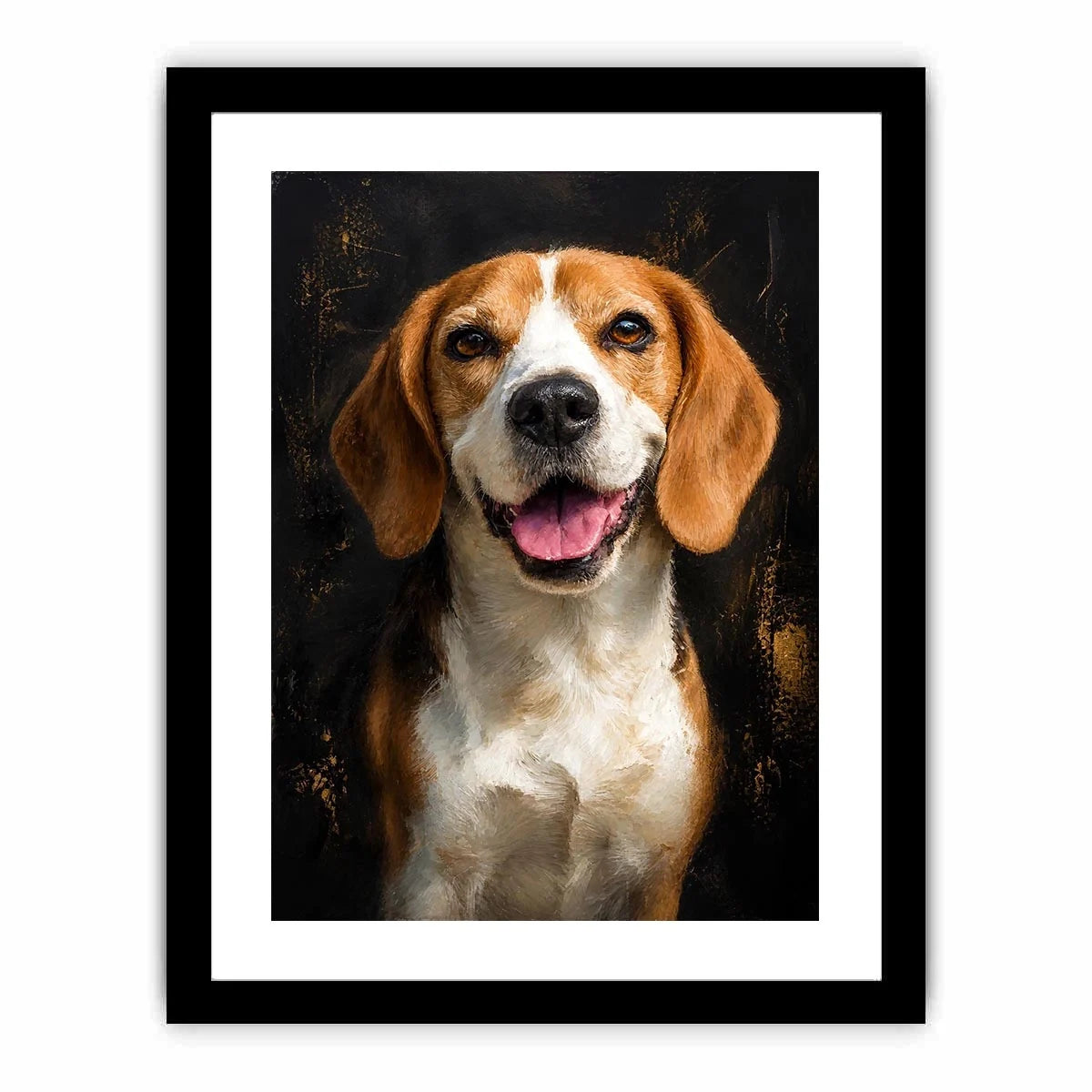 Beagle dog portrait wall art with rich painterly texture, warm golden tones, and dramatic dark background contemporary pet canvas artwork