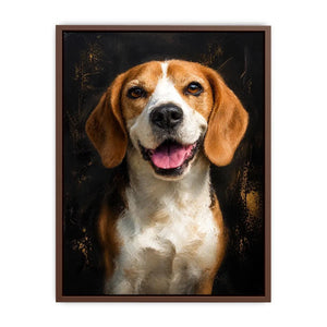 Beagle dog portrait wall art with rich painterly texture, warm golden tones, and dramatic dark background contemporary pet canvas artwork