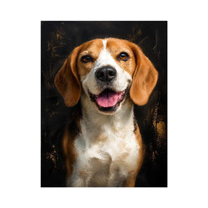 Beagle dog portrait wall art with rich painterly texture, warm golden tones, and dramatic dark background contemporary pet canvas artwork