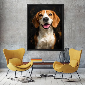 Beagle dog portrait wall art with rich painterly texture, warm golden tones, and dramatic dark background contemporary pet canvas artwork