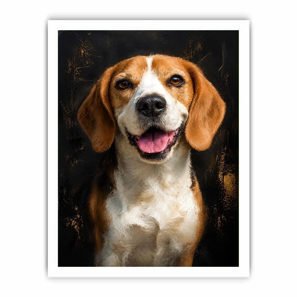Beagle dog portrait wall art with rich painterly texture, warm golden tones, and dramatic dark background contemporary pet canvas artwork