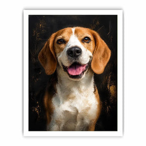 Beagle dog portrait wall art with rich painterly texture, warm golden tones, and dramatic dark background contemporary pet canvas artwork
