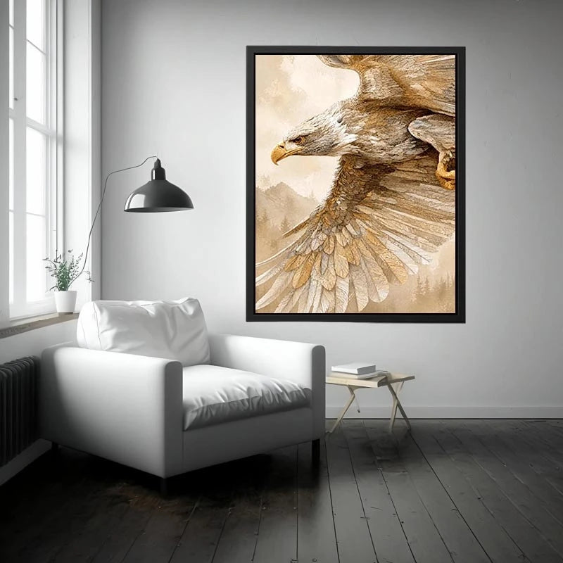 Majestic eagle wall art with intricate feather detail, warm neutral tones, and elegant contemporary nature inspired luxury canvas artwork