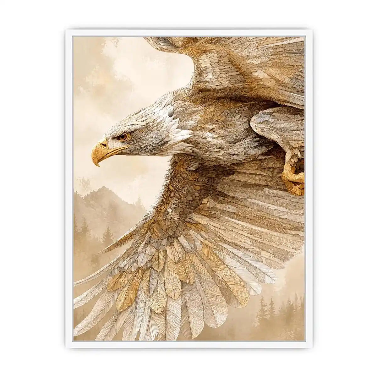 Majestic eagle wall art with intricate feather detail, warm neutral tones, and elegant contemporary nature inspired luxury canvas artwork
