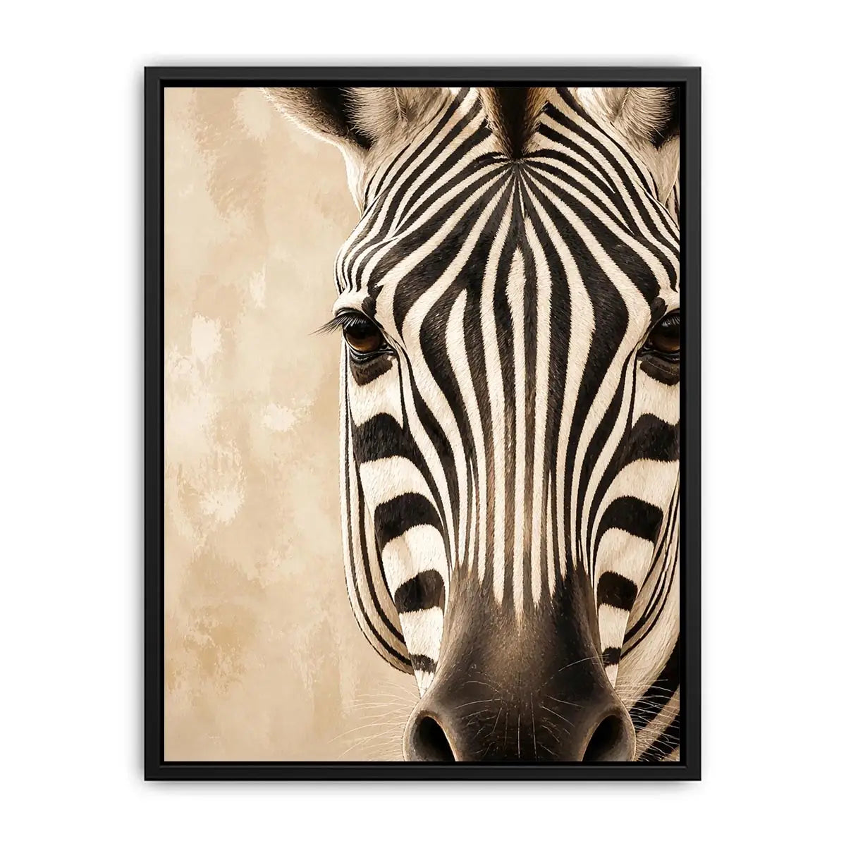 Elegant zebra wall art with dramatic black and ivory stripes, neutral beige tones, and sophisticated contemporary wildlife canvas artwork