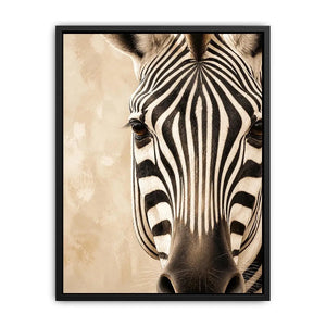 Elegant zebra wall art with dramatic black and ivory stripes, neutral beige tones, and sophisticated contemporary wildlife canvas artwork