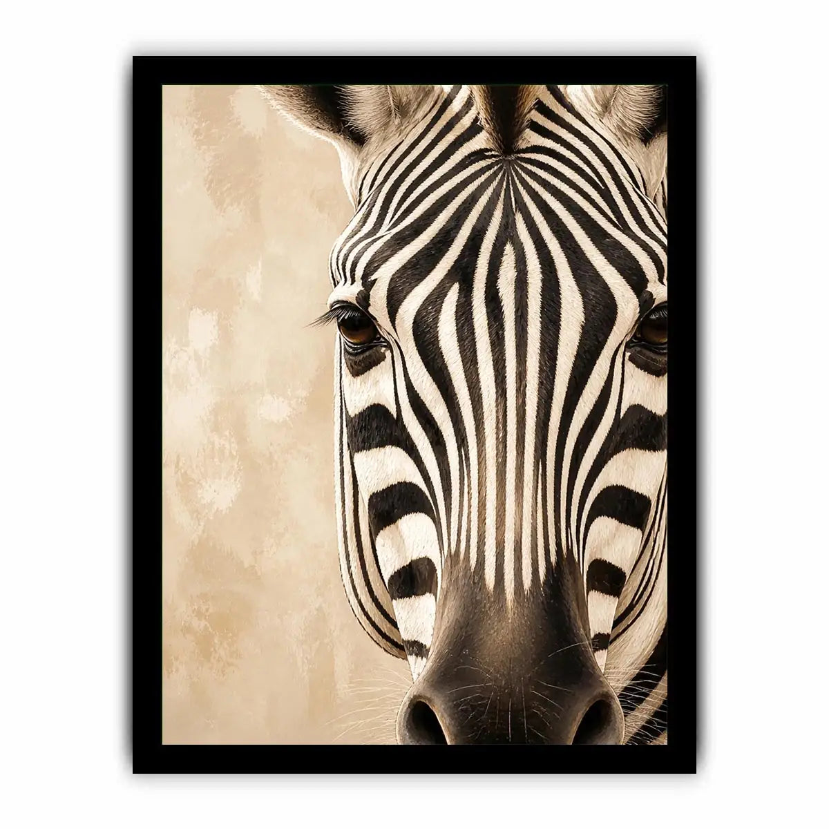 Elegant zebra wall art with dramatic black and ivory stripes, neutral beige tones, and sophisticated contemporary wildlife canvas artwork