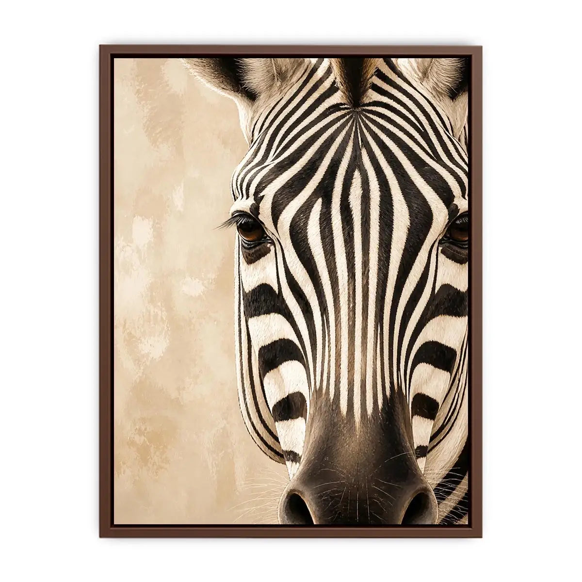 Elegant zebra wall art with dramatic black and ivory stripes, neutral beige tones, and sophisticated contemporary wildlife canvas artwork