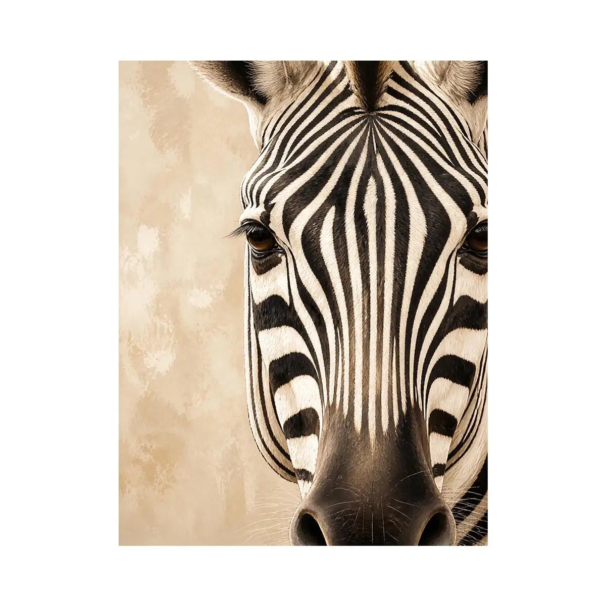 Elegant zebra wall art with dramatic black and ivory stripes, neutral beige tones, and sophisticated contemporary wildlife canvas artwork
