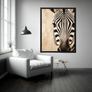 Elegant zebra wall art with dramatic black and ivory stripes, neutral beige tones, and sophisticated contemporary wildlife canvas artwork