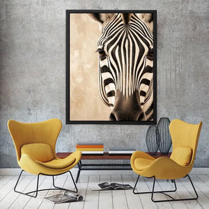 Elegant zebra wall art with dramatic black and ivory stripes, neutral beige tones, and sophisticated contemporary wildlife canvas artwork