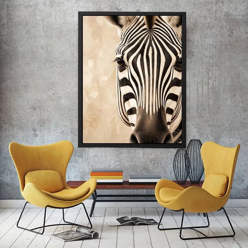 Elegant zebra wall art with dramatic black and ivory stripes, neutral beige tones, and sophisticated contemporary wildlife canvas artwork
